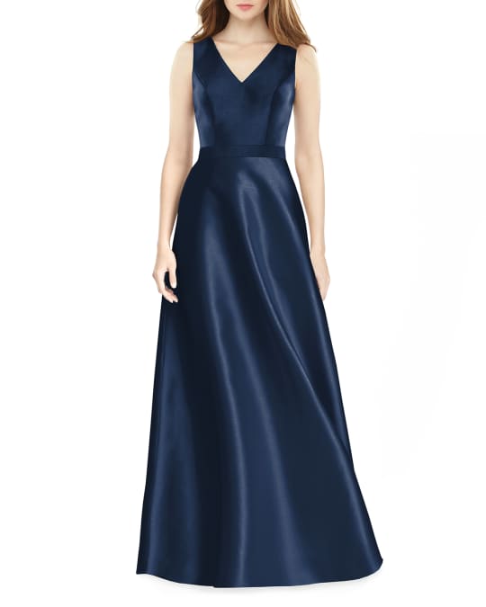 navy blue dress for baby girl Alfred Sung Square Neck Satin A-Line Gown main image 0