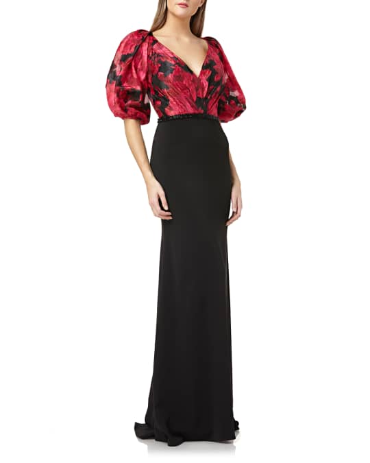 Printed Bodice Puff Sleeve V Neck Gown with Crepe Skirt