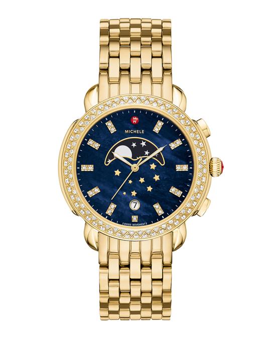 MICHELE 38mm Sidney Moonphase Diamond Watch, Gold/Blue  display picture 1