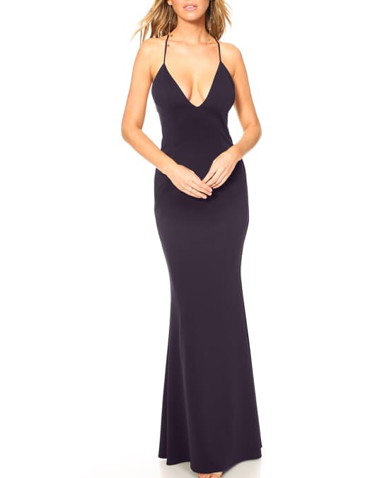 Katie May Stamina Low V-Neck Stretch Crepe Gown with Crisscross Back ...