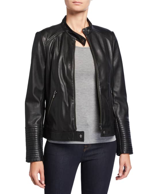 Neiman Marcus Leather Collection Leather Moto Jacket with Ribbed Cuffs ...