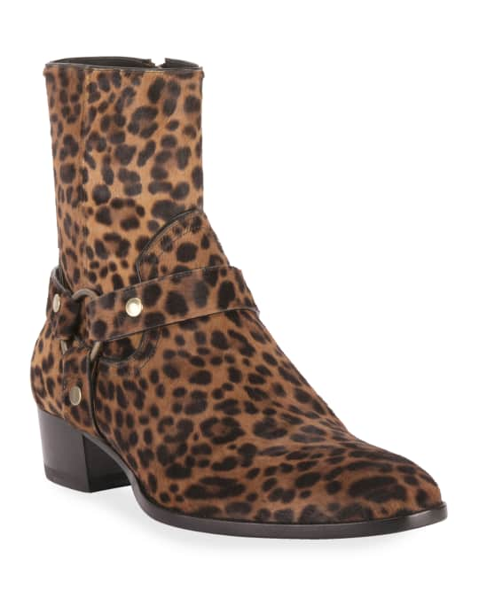 Saint Laurent Men's Wyatt Leopard-Print Harness Boots | Neiman Marcus