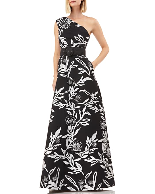 Kay Unger New York Printed One-Shoulder Sleeveless Jacquard Gown w ...