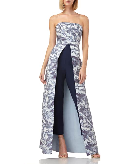 Kay Unger New York Walk Thru Strapless Stretch Crepe Jumpsuit with Jacquard Overlay Neiman Marcus