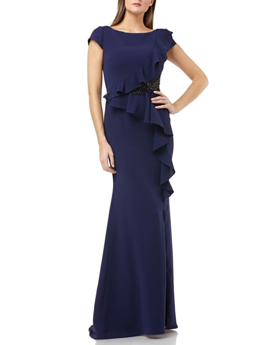 Carmen Marc Valvo Infusion Bateau-Neck Cap-Sleeve Crepe Gown with ...