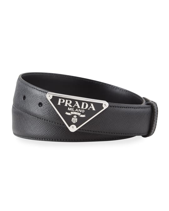 Prada Men's Triangle Logo Leather Belt | Neiman Marcus