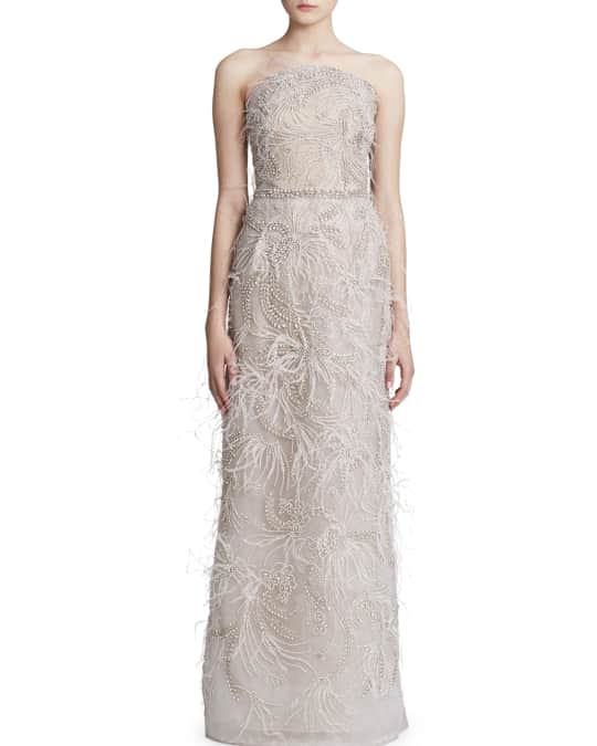 Marchesa Feather-Trimmed Embroidered Tulle Strapless Gown | Neiman Marcus