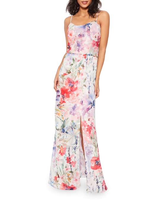 Parker Delphine Watercolor Floral Sleeveless Column Dress with Slit ...
