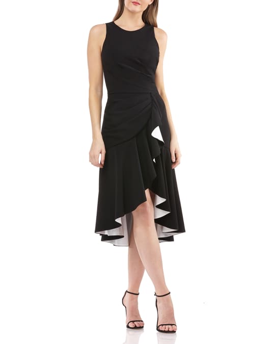 Sleeveless High Low Cocktail Dress w Contrast Lined Ruffle