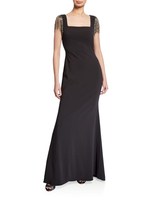 Badgley Mischka Collection Square-Neck Beaded Fringe Sleeve Crepe Gown ...