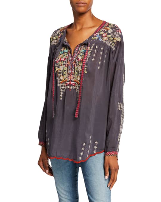 Johnny Was Dragonfly Embroidered Long-Sleeve Georgette Blouse with Ties ...