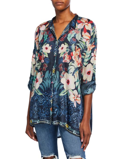 Johnny Was Nelia Floral-Print Button-Front Long-Sleeve Silk Shirt ...