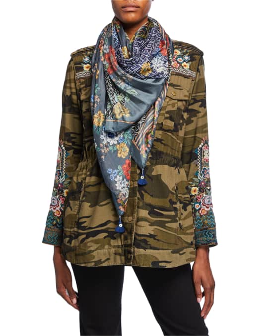Sassy Floral Silk Scarf with Tassels