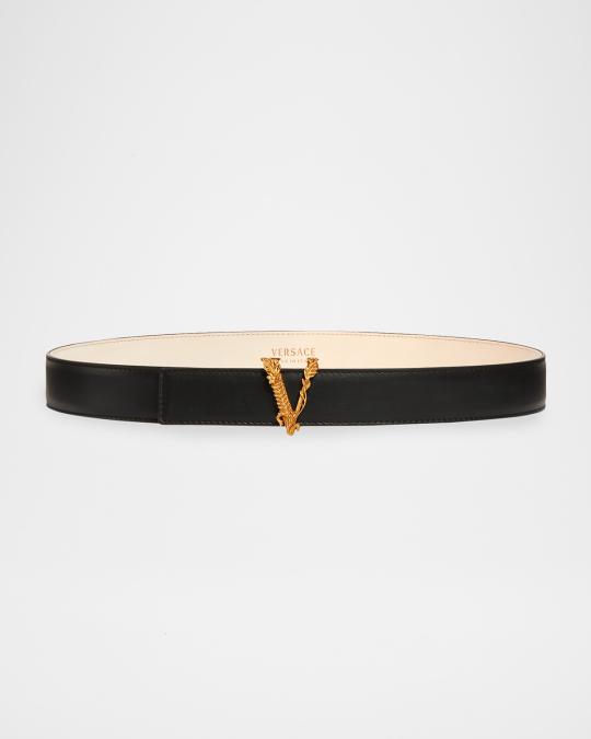 Versace Virtus Black Leather Belt with Gold V Motif Versace Virtus Black Leather Belt with Gold V Motif main image 4