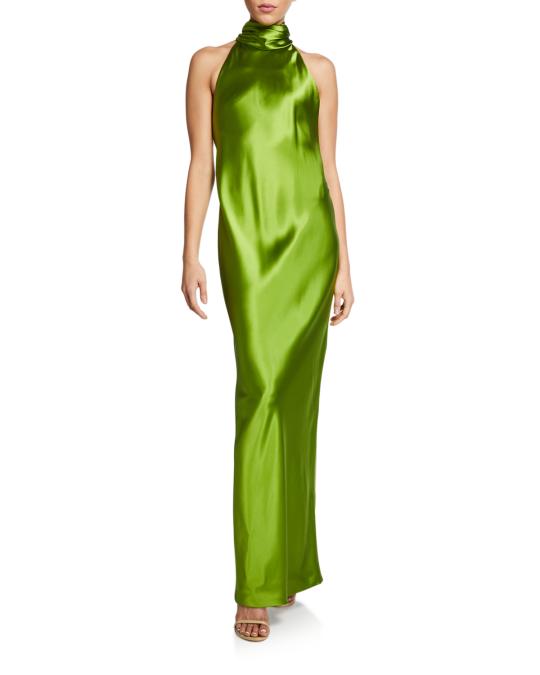 brandon maxwell green silk dress Brandon Maxwell Backless Silk Halter Gown