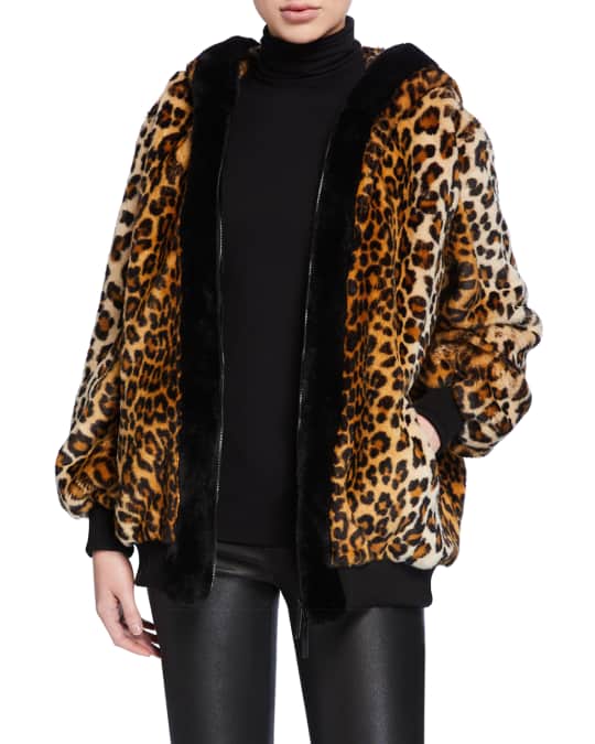 Leopard-Print Faux Fur Oversized Hoodie