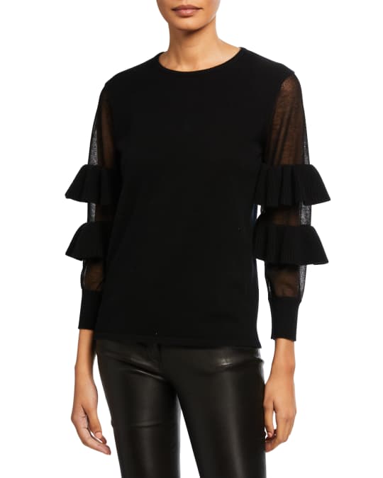 Neiman Marcus Cashmere Collection Cashmere Crewneck Mesh Tiered Ruffle ...
