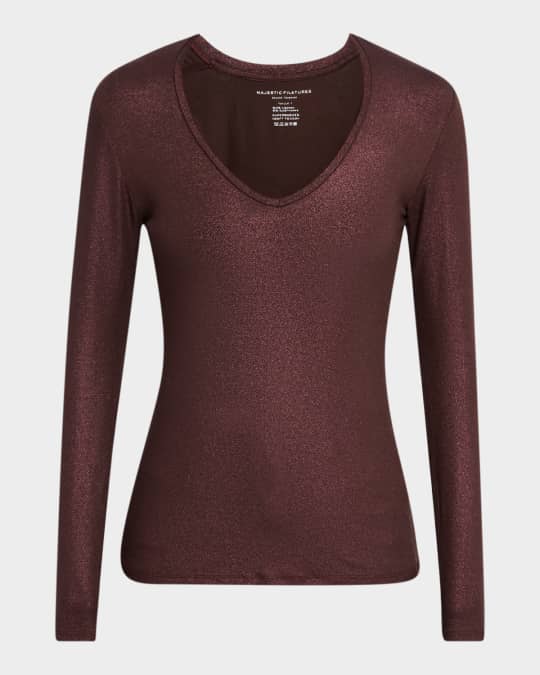 Metallic Long-Sleeve V-Neck Tee