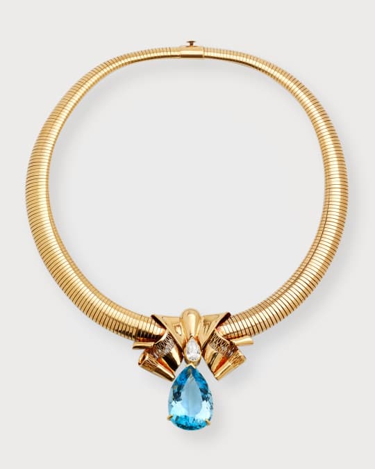 Estate 18K Yellow Gold Aquamarine Pear and Diamond Bow Necklace