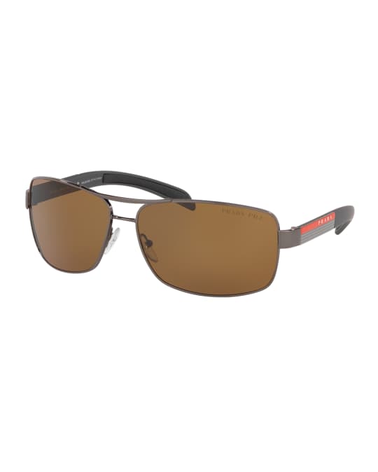 Prada Men's Steel Rectangle Double-Bridge Polarized Sunglasses | Neiman ...