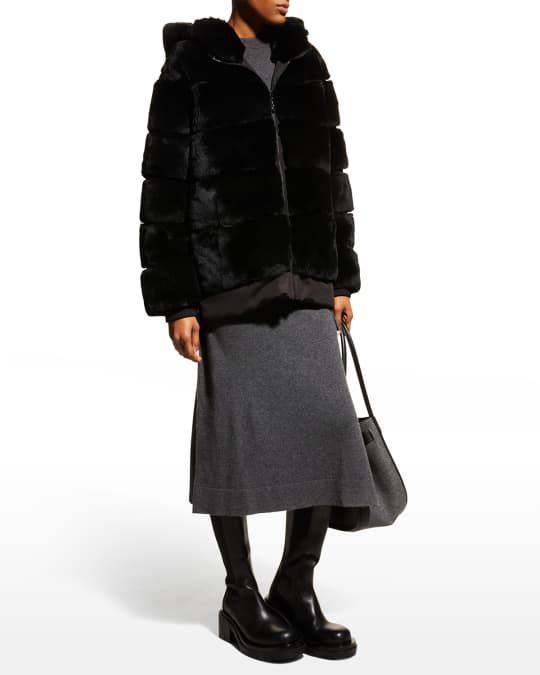 Belle Fare Layered Rabbit-Fur Hooded Jacket | Neiman Marcus