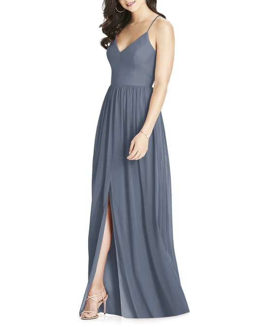 Dessy Collection V-Neck Crossback Lux Chiffon Gown | Neiman Marcus