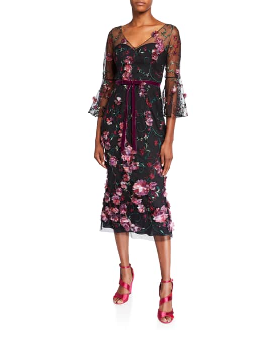 marchesa notte pink floral flutter dress Marchesa 3d Floral Embroidered Dress In Pink - 74% Off
