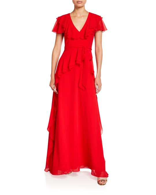 Shani V-Neck Ruffle Georgette Flutter-Sleeve Gown | Neiman Marcus