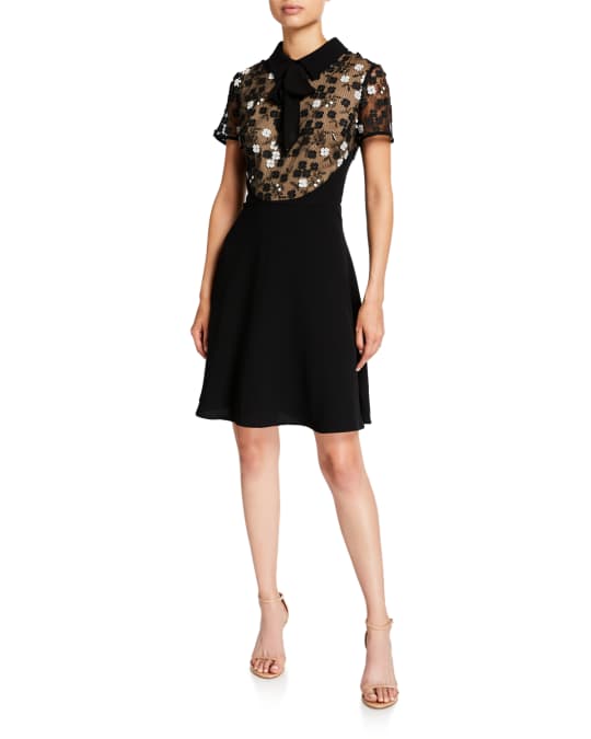 Shani Floral Applique Fit-&-Flare Dress with Collar | Neiman Marcus