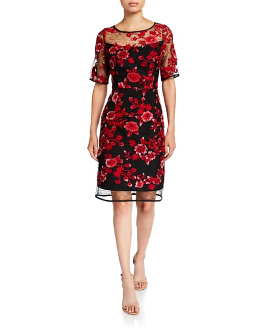 Shani Embroidery Illusion ElbowSleeve Cocktail Dress Neiman Marcus