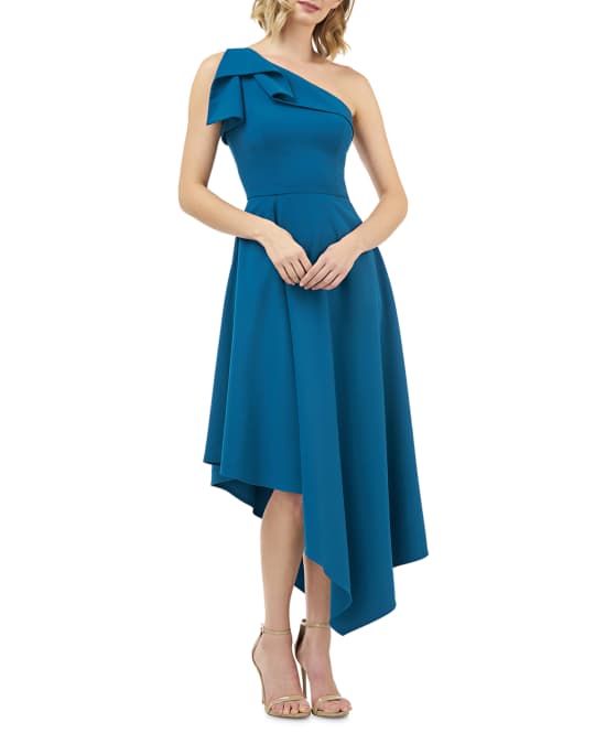 Kay Unger New York Stretch Crepe One Shoulder Asymmetric Fit and Flare Dress Neiman Marcus