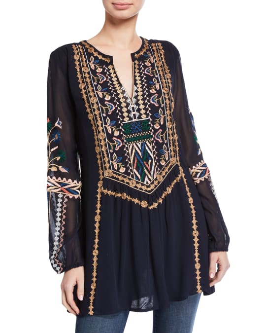 Tolani Plus Size Lauren V-Neck Long-Sleeve Tunic with Floral Embroidery ...