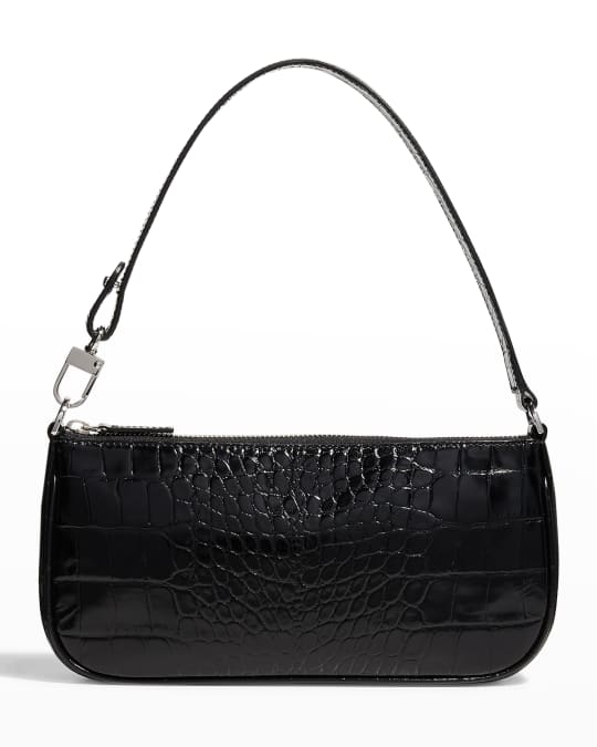 BY FAR Rachel Croc-Embossed Shoulder Bag, Black | Neiman Marcus