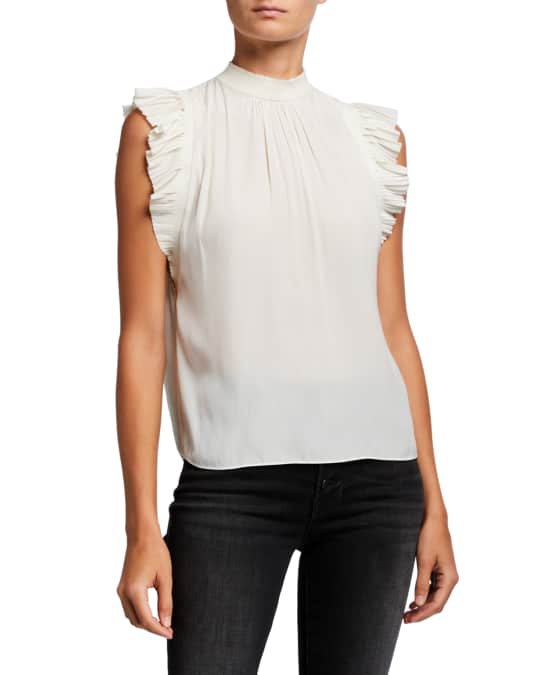 FRAME Pleated Ruffle-Trim Sleeveless Top | Neiman Marcus