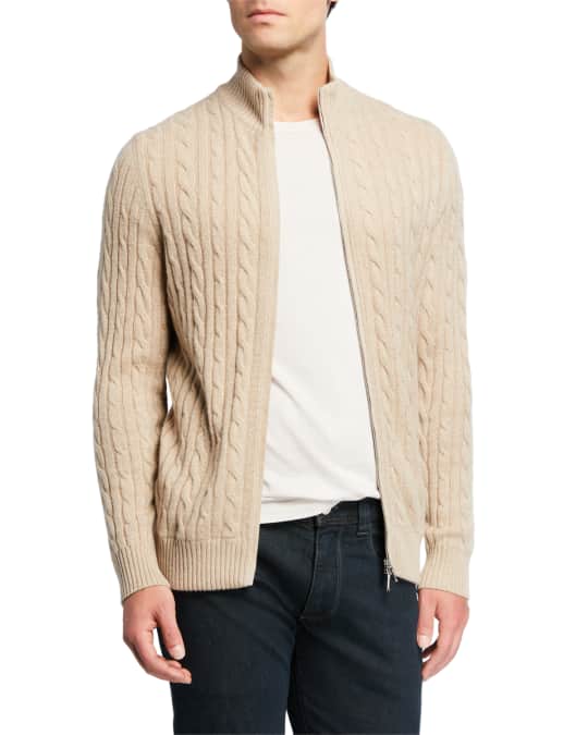 Loro Piana Men's Cable-Knit Cashmere Zip-Front Sweater | Neiman Marcus