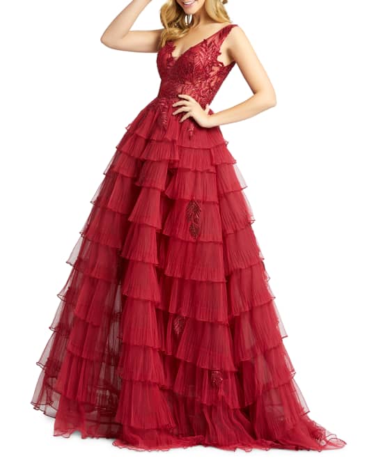 Embellished V Neck Sleeveless Layered Ball Gown