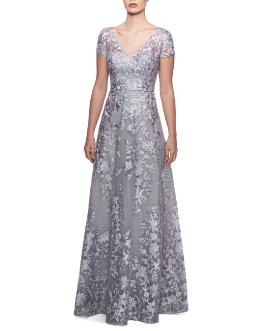 La Femme Embroidered Lace V-Neck Cap-Sleeve A-Line Gown | Neiman Marcus