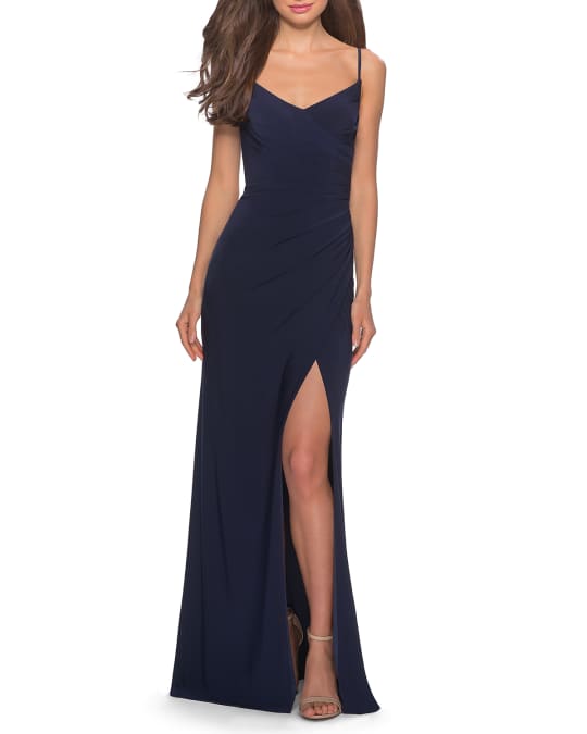 La Femme V-Neck Sleeveless Jersey Dress with Slip & Ruching | Neiman Marcus