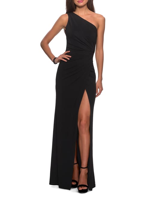 La Femme One-Shoulder Ruched Open-Back Jersey Gown | Neiman Marcus