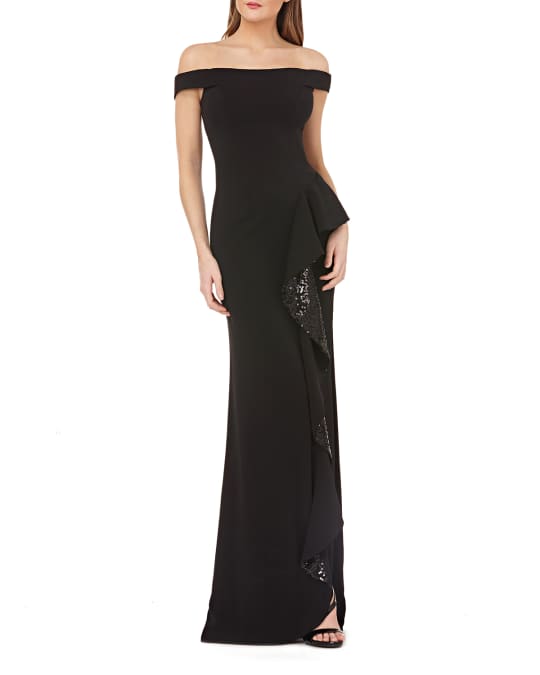 Off the Shoulder Column Gown with Sequined Ruffle