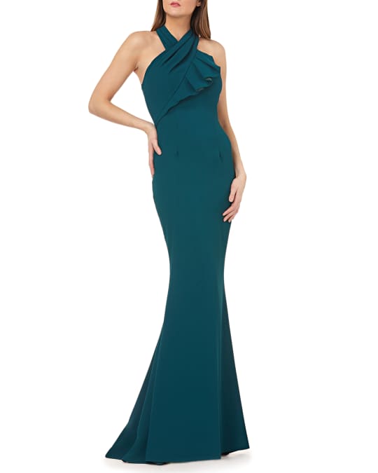 Carmen Marc Valvo Infusion Crepe Ruffle-Trim Halter Gown Neiman