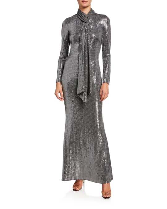 Badgley Mischka Collection Sequin Tie-Neck Long-Sleeve Gown | Neiman Marcus