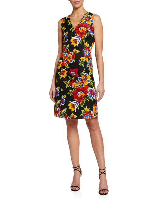 Carolina Herrera Floral Jacquard V-Neck Shift Dress | Neiman Marcus