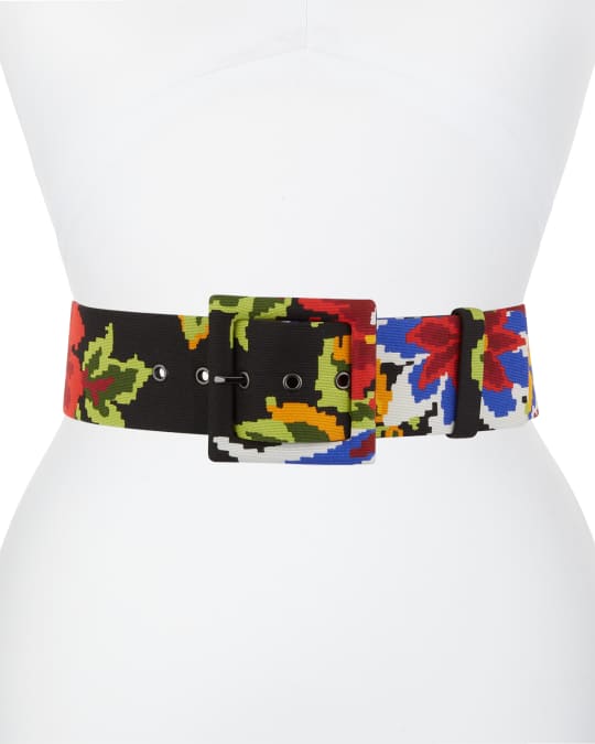 Floral-Stitched Square-Buckle belt