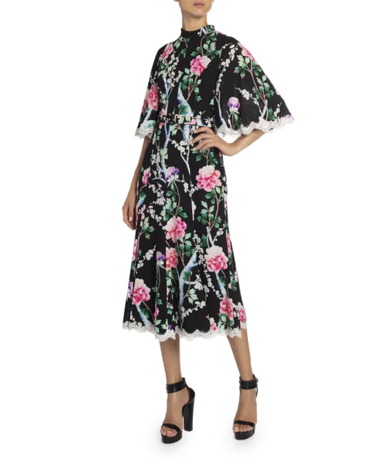 Andrew Gn Lace-Trim Floral Midi Dress | Neiman Marcus