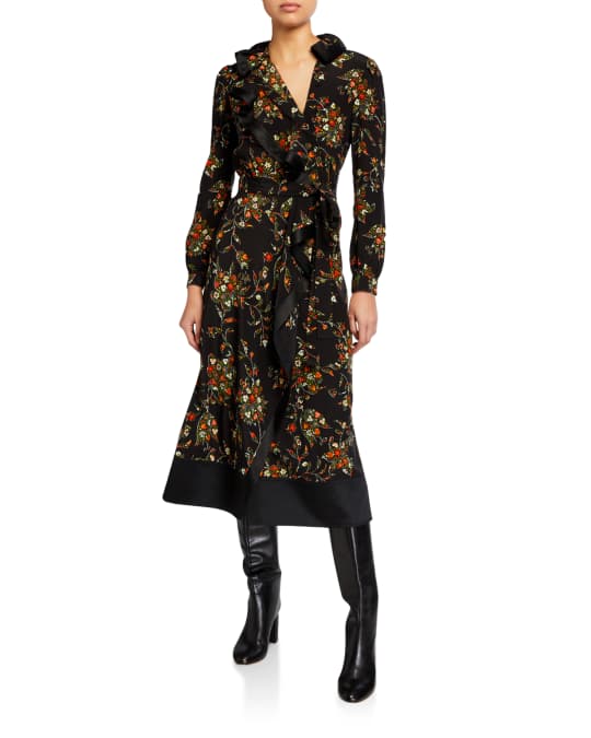 Tory Burch Floral Printed Long-Sleeve Ruffle Wrap Dress | Neiman Marcus