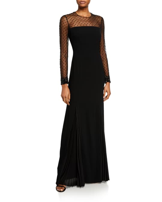 Escada Greha Long-Sleeve Jeweled-Tulle Illusion Column Gown | Neiman Marcus