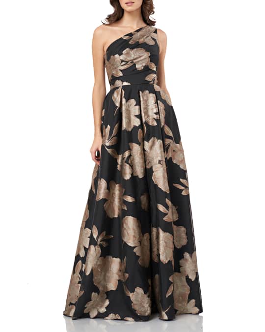 Carmen Marc Valvo Infusion One-Shoulder Floral Jacquard Gown with Pleat ...