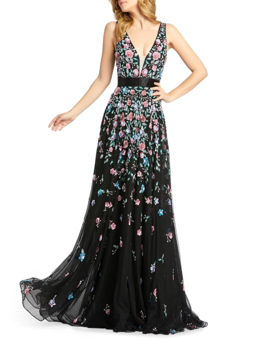 Mac Duggal 3D Sequin Applique Floral V-Neck Sleeveless Gown | Neiman Marcus