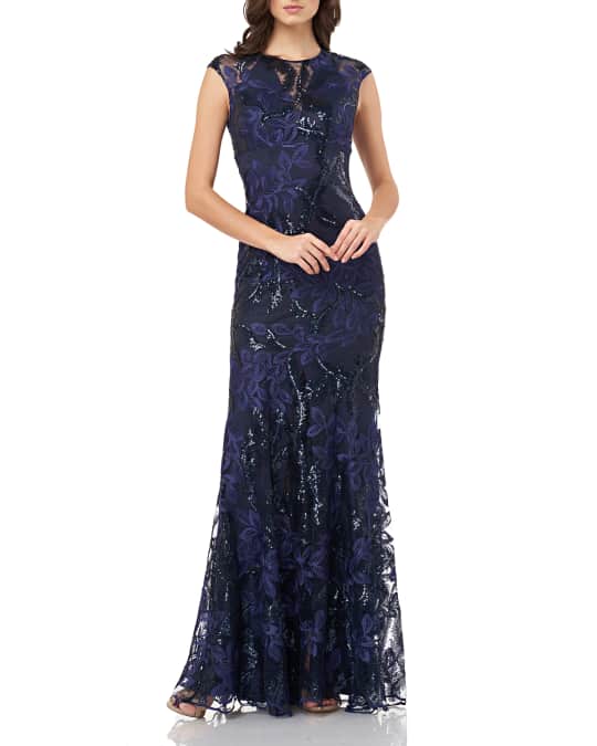 Sequin Embroidered Cap Sleeve Gown